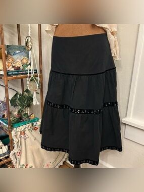 Vintage Y2K Goth Black Sequin Trim Drop Waist Midi Skirt by Old Navy